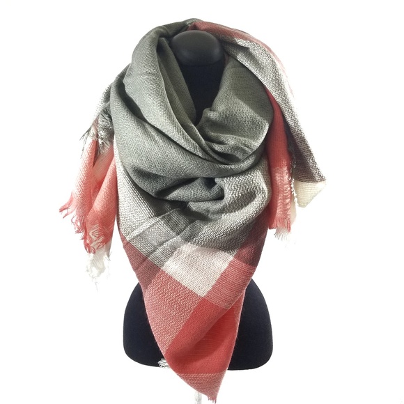 Pink Gray and Cream Soft Plaid Blanket Scarf - Picture 2 of 4